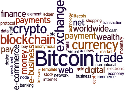 Bitcoin word cloud: crypto, blockchain, payments and currency