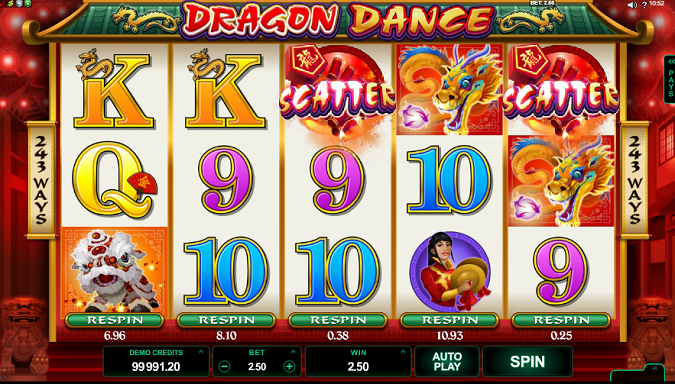 Dragon Dance slot reels with respin buttons from MicroGaming