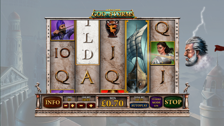 Age of the Gods: God of Storms slot reels with the wilds feature from PlayTech