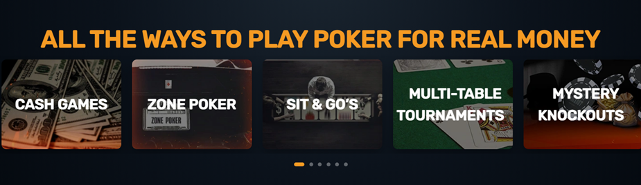 Ways to play poker at Ignition: cash games, Zone Poker, Sit & Go’s, multi-table tournaments and Mystery Knockouts