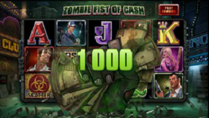 Lost Vegas slot reels with the Zombie Fist of Cash from MicroGaming