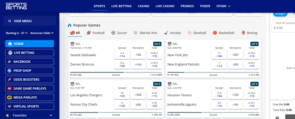Sportsbetting.ag sportsbook lobby with leagues sidebar and bet slip